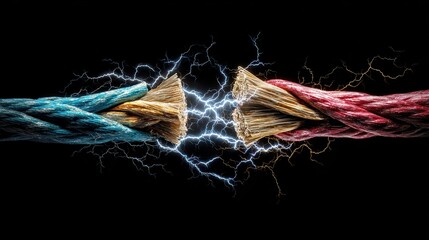 Dynamic Collision of Red Blue and Gold Fluid Streams with Lightning Sparks on a Black Backdrop