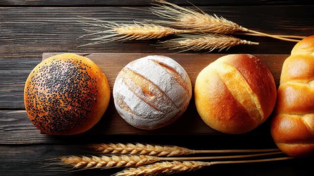 Artisan Bread Selection: An assortment of freshly baked, crusty artisan bread, showcasing various textures and flavors, presented on a rustic wooden board.