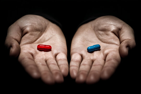 Red Pill Blue Pill concept. The right choice the concept of the movie matrix. The choice of tablets.
