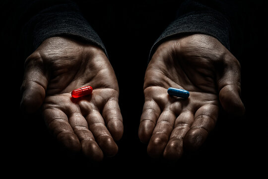Red Pill Blue Pill concept. The right choice the concept of the movie matrix. The choice of tablets.