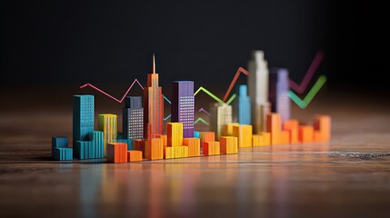 Miniature Cityscape Model with Colorful Buildings and Financial Growth Charts on Wooden Surface