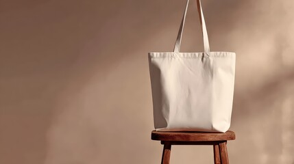 Minimalist White Canvas Tote Bag on Rustic Wooden Stool in Soft Neutral Toned Studio Setting with Shadow