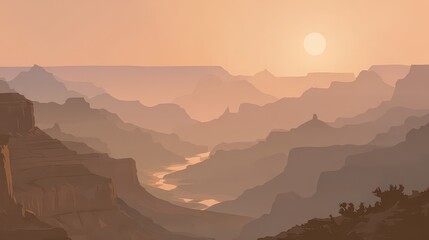Pixel Art Grand Canyon At Sunset With Orange Haze And River Below