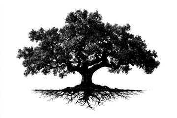 Silhouetted Tree with Sprawling Roots Against White Background Illustration