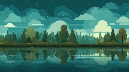 Pixel Art Serene Lake Reflecting Forest and Cloudy Night Sky With Stars Tranquil Scene Digital Landscape in Green and Blue Tones