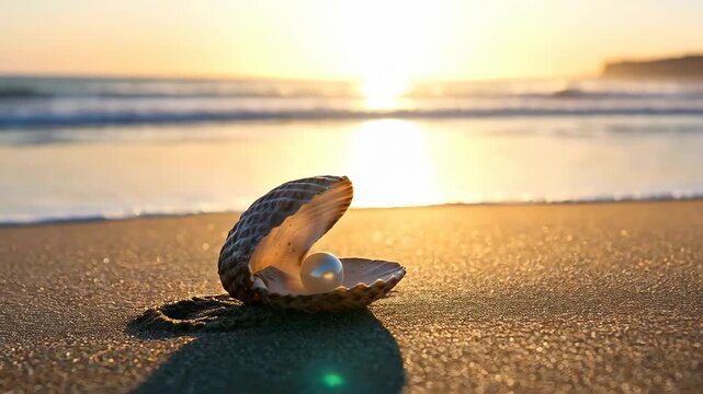 The Pearl&rsquo;s Embrace: The ocean's exquisite gem of pure opulence nestled within an open seashell, resting gently on the sandy beach. The tranquil scene is bathed in the golden hues of a setting sun