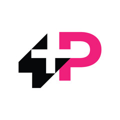 this is a flat logo design that depicts an initial letter P with a plus sign in black and bright pink fuchsia color on a white background