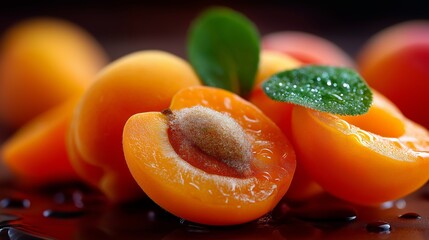 Fresh apricot showing delicious fruit and healthy pit. Freshly cut apricot revealing its vibrant orange flesh and healthy pit on a dark surface