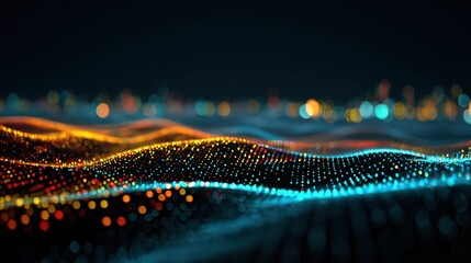 Abstract Digital Data Visualization With Illuminated Dots and Waves Against Dark Background