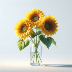 透明な花瓶に活けられた夏のひまわり