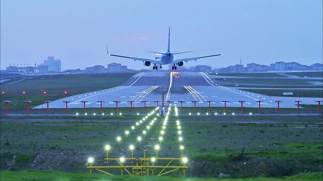 Commercial Twin-Engine Passenger Aircraft Landing in Strong Crosswinds at Sunset