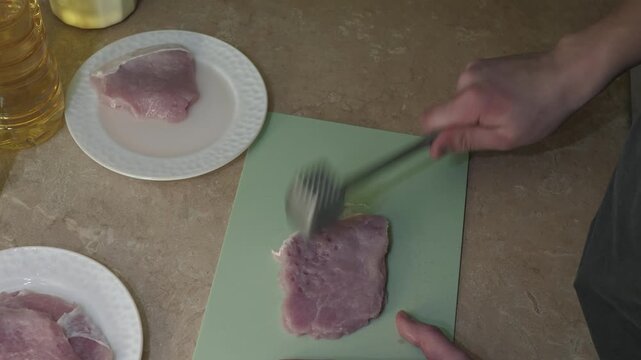 Pork handling quickly, Steps for preparing pork for cooking, Methods used in processing pork before cooking procedures, Techniques involving manual pounding for softening pork prior to culinary use