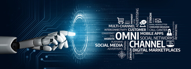 A futuristic robotic hand reaching towards a glowing digital interface symbolizes the evolution of omni-channel marketing and customer engagement strategies in modern business. Tessel