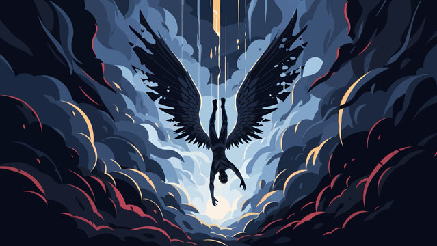 A fallen angel figure descends into a dark, mystical landscape with dramatic lighting and abstract surroundings