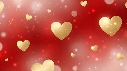 A festive and romantic background featuring shimmering golden hearts of various sizes floating on a soft red gradient with sparkling bokeh lights and glitter effects.