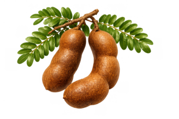Tamarind fruit pods with green leaves on branch, healthy tropical ingredient, sweet and sour flavor