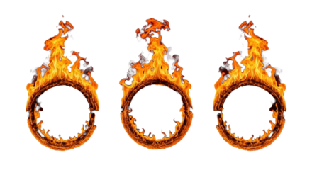 Four distinct circular rings of vibrant orange to fiery red fire dynamically flickering, isolated against a clean black background, no shadows. Concept of elemental energy and power