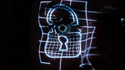 Digital identity verification: human eye with projected lock and secure password grid