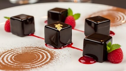 Exquisite chocolate cubes adorned with raspberries and a touch of gold