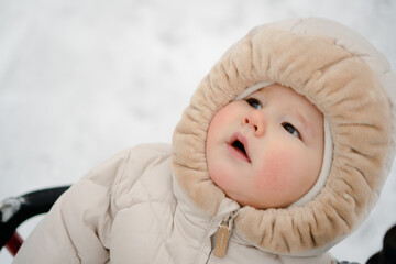 A playful newborn, wrapped in a warm winter outfit, enjoys a swing in the snow. The image reflects the happiness and innocence of a toddler or baby discovering winter activities.