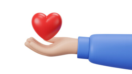 A blue hand gently holding a vibrant glossy red heart in a loving gesture