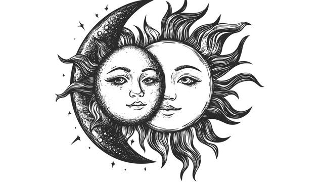 Sun and Moon Faces Illustration.