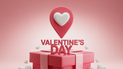 A red valentine s day gift with a heart shaped location pin on top