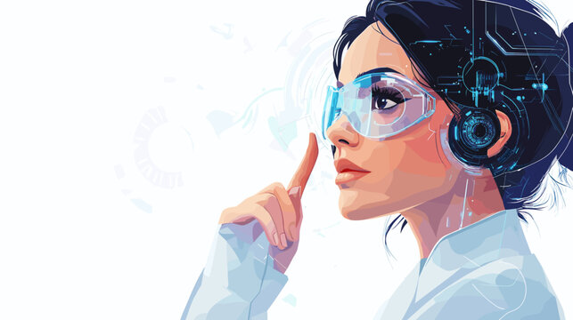Woman with futuristic glasses and headgear thinking.