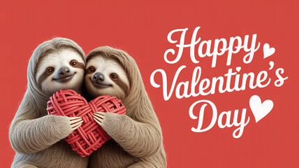 Two sloths embracing a red heart with a happy valentine s day message