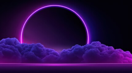 Abstract Glowing Neon Purple Circle with Digital Clouds Against Dark Background Perfect for Futuristic Tech and Design Projects