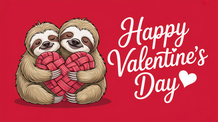 Two sloths embracing a heart a valentine s day illustration on red background