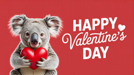 A cute koala holding a red heart with a valentine s day greeting