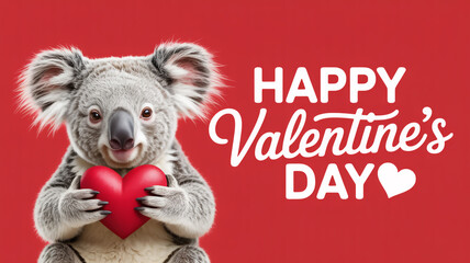 A charming koala holds a red heart with a valentine s day greeting