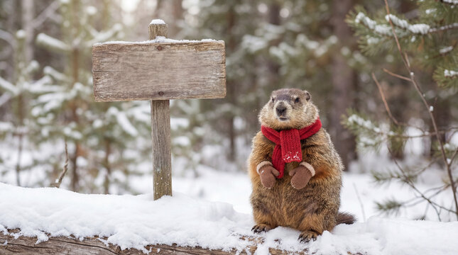 Groundhog wearing a red knitted scarf and mittens standing on a snow covered log next to a blank wooden sign in a winter forest, portraying groundhog day and early spring concepts