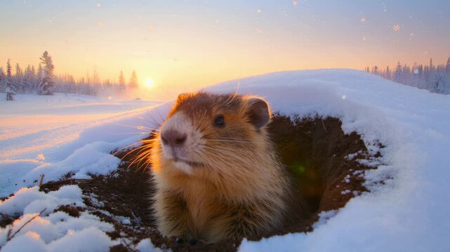 Curious groundhog peeking out from its snow covered burrow during a beautiful winter sunrise, looking around the frozen landscape while snowflakes gently fall in the golden morning light