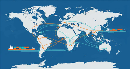 Global shipping routes and cargo vessels on a world map illustration © Nining