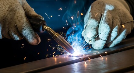 Intense welding process displaying molten metal with vivid sparks and protective gloves craftsmanship and fabrication