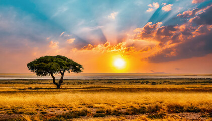 Iconic African Sunset with Lone Acacia Tree in Savanna, sky with golden light and clouds