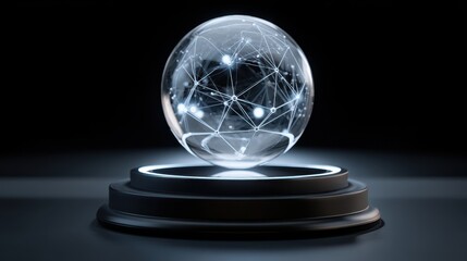 Transparent Sphere with Illuminated Network on Dark Pedestal against Black Background