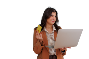 Woman holding credit card and laptop for online shopping, e-commerce, and digital banking transactions on transparent background