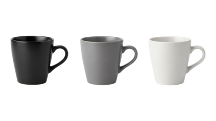 High-quality image of three ceramic coffee mugs in black, gray, and white, ideal for product showcases or kitchen decor inspiration