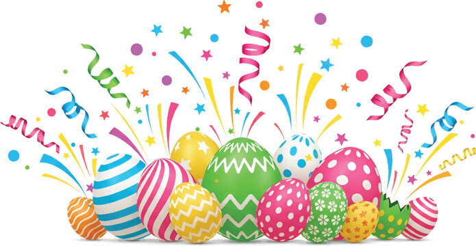 Vibrant Easter Eggs Celebration with Confetti and Streamers