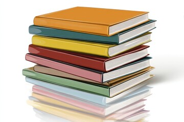 Stack of Colorful Books on Reflective Surface with White Background