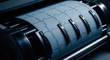 Close-up of a medical electrocardiogram machine printing a heart rhythm graph on grid paper in a clinical blue-toned setting.