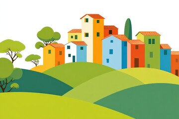 Colorful Illustration of a Village on Rolling Green Hills under White Sky