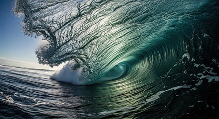 Powerful turquoise ocean wave curling into a perfect barrel under a clear sky, showing intricate water textures and white sea foam.