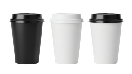 Set of disposable coffee cups in black and white, perfect for branding and marketing materials