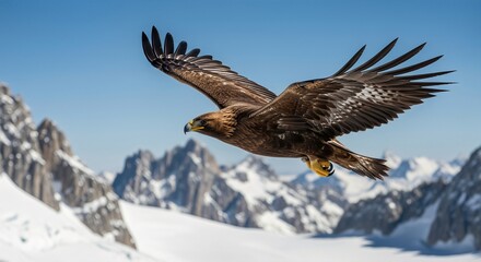 Fototapeta premium Majestic golden eagle soaring in flight against a clear blue sky above snow-covered alpine mountains.