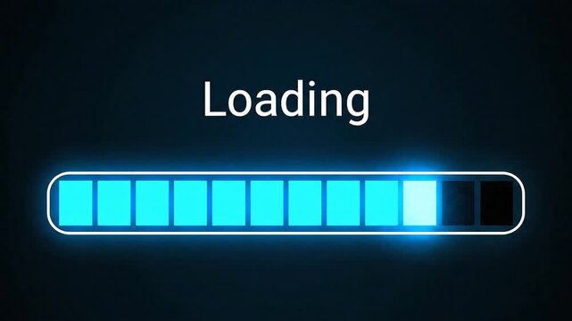 Blue digital square block loading bar animation on dark background