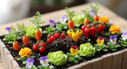 Miniature vegetable garden featuring tiny carrots, tomatoes and flowers